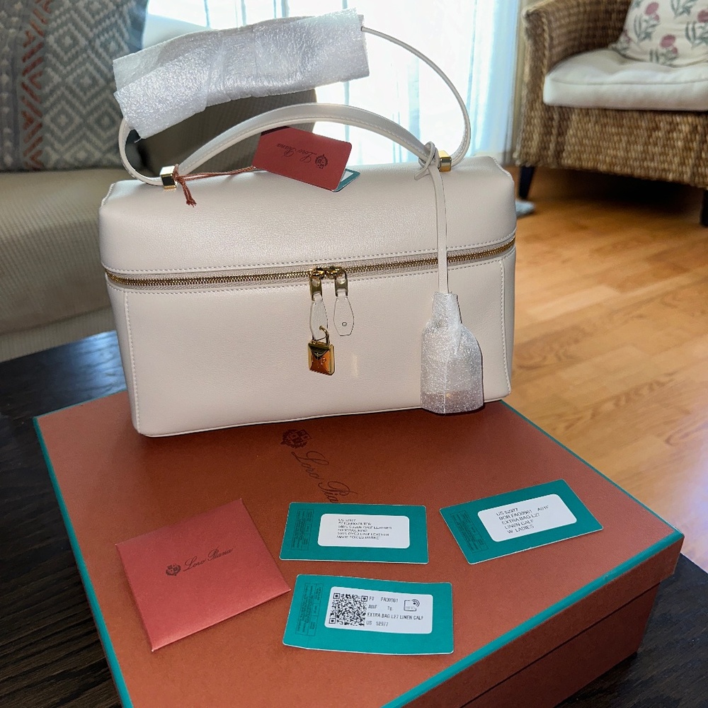 NEW Loro Piana Extra Bag L27 Linen Calf in Light Travertine/Sun Gold